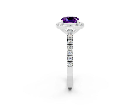White gold Cushion Cut Halo Diamond Ring with Pavé Band and Three-Prong Setting_2