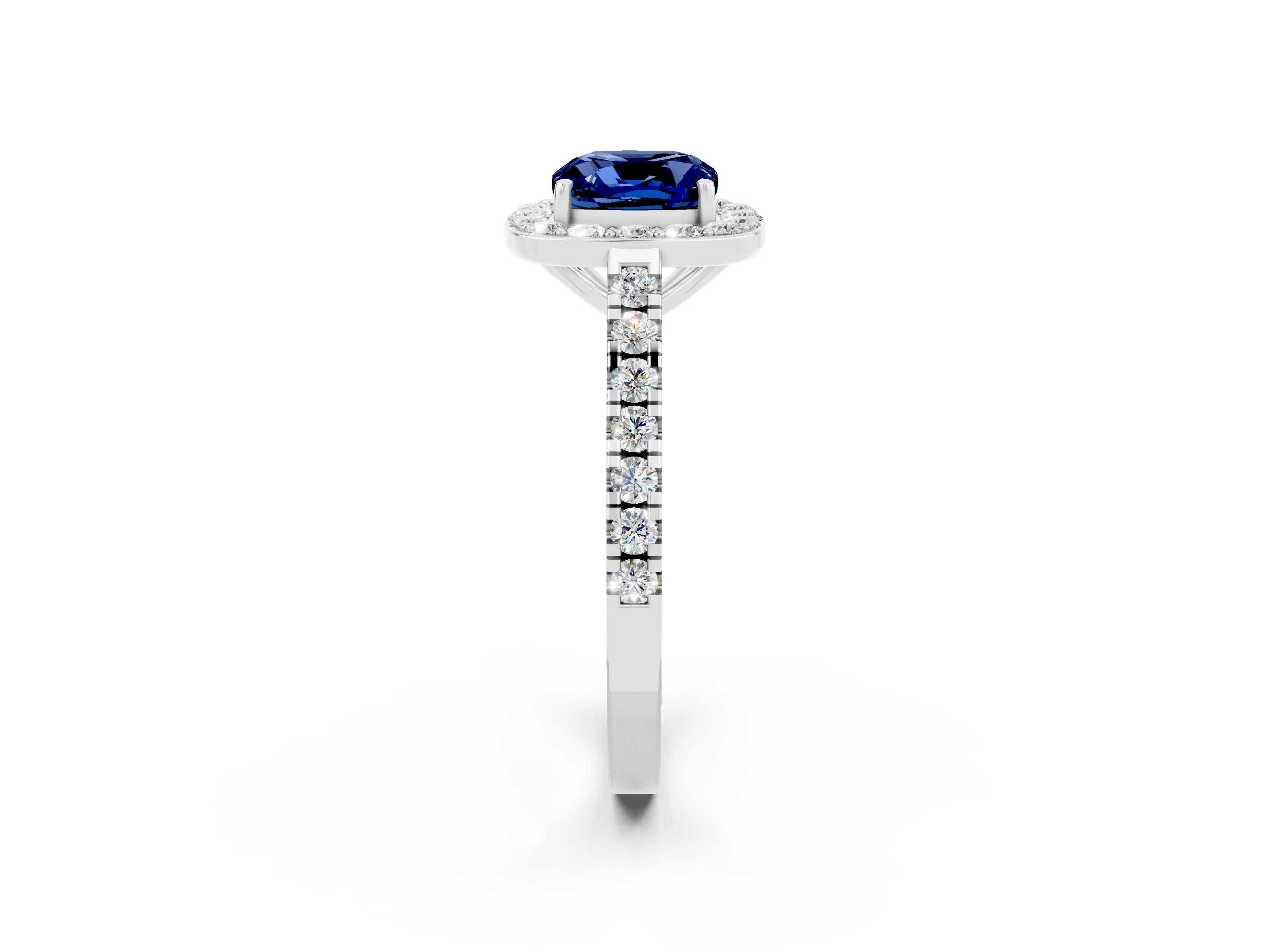 White gold Cushion Cut Halo Diamond Ring with Pavé Band and Three-Prong Setting_2