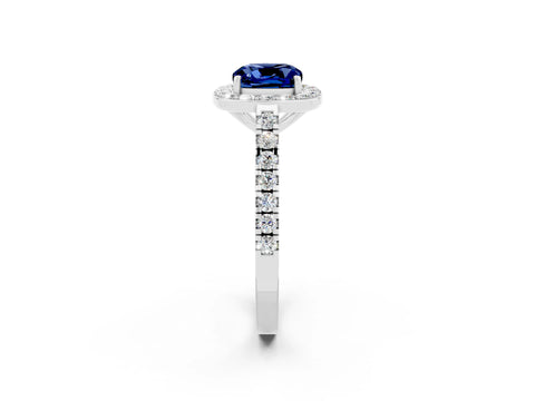 White gold Cushion Cut Halo Diamond Ring with Pavé Band and Three-Prong Setting_2