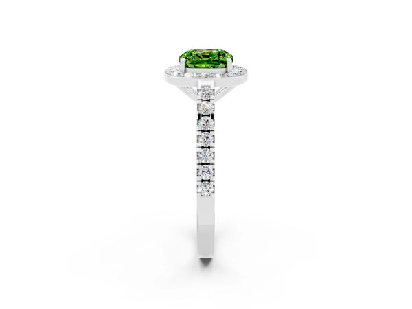 Silver Cushion Cut Halo Diamond Ring with Pavé Band and Three-Prong Setting