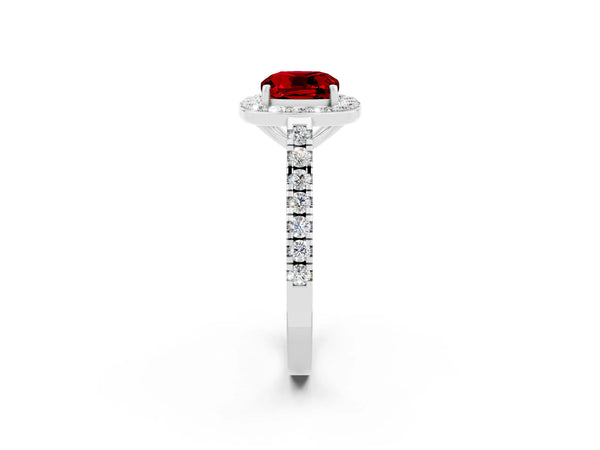 Platinum Cushion Cut Ruby Halo Ring with Round Pavé Split Shank and Prong Setting