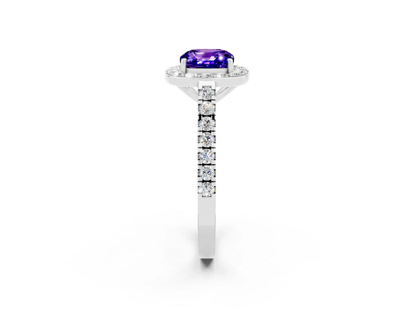 White gold Cushion Cut Tanzanite Halo Ring with Round Pavé Split Shank and Prong Setting