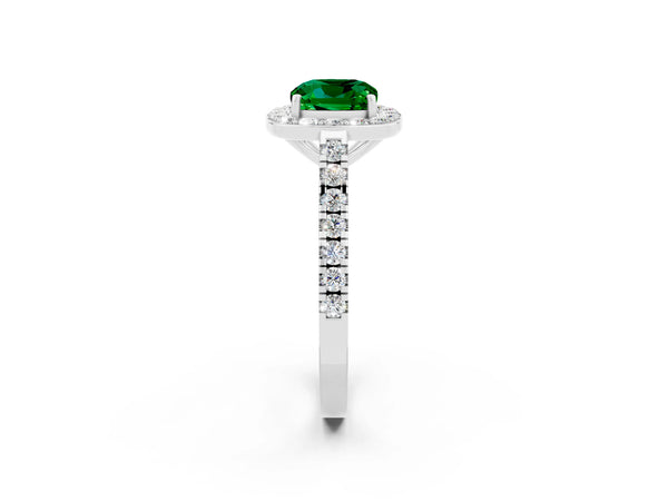 Silver Cushion Cut Emerald Halo Ring with Round Pavé Split Shank and Prong Setting