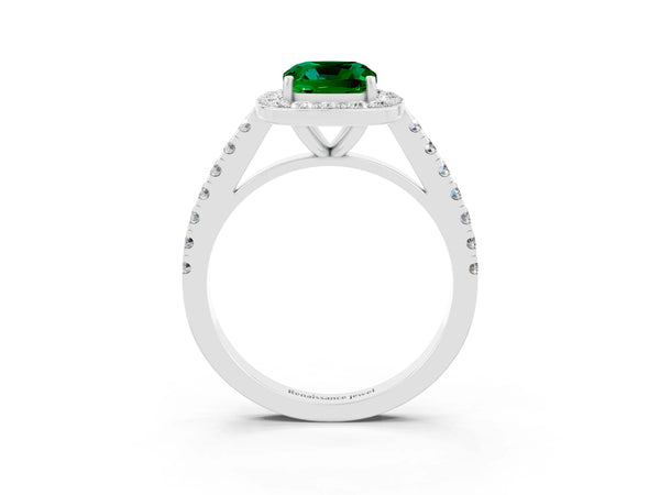 Platinum Cushion Cut Emerald Halo Ring with Round Pavé Split Shank and Prong Setting