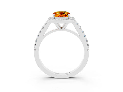 White gold Cushion Cut Halo Diamond Ring with Pavé Band and Three-Prong Setting_3