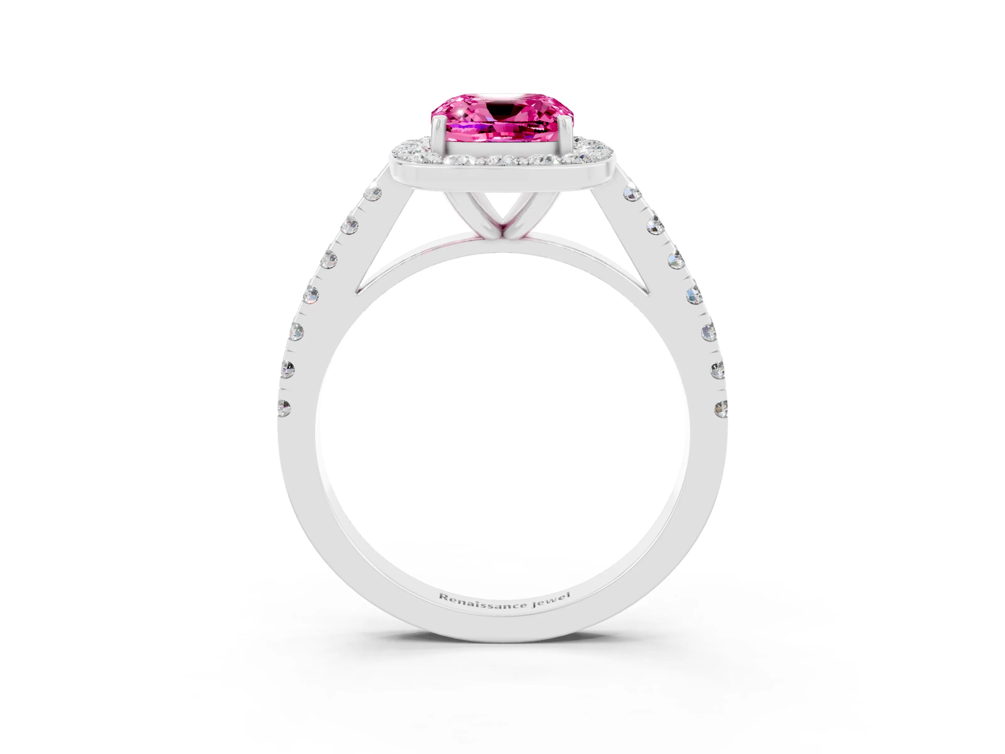 White gold Cushion Cut Halo Diamond Ring with Pavé Band and Three-Prong Setting_3