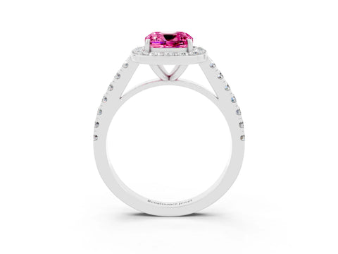 White gold Cushion Cut Halo Diamond Ring with Pavé Band and Three-Prong Setting_3