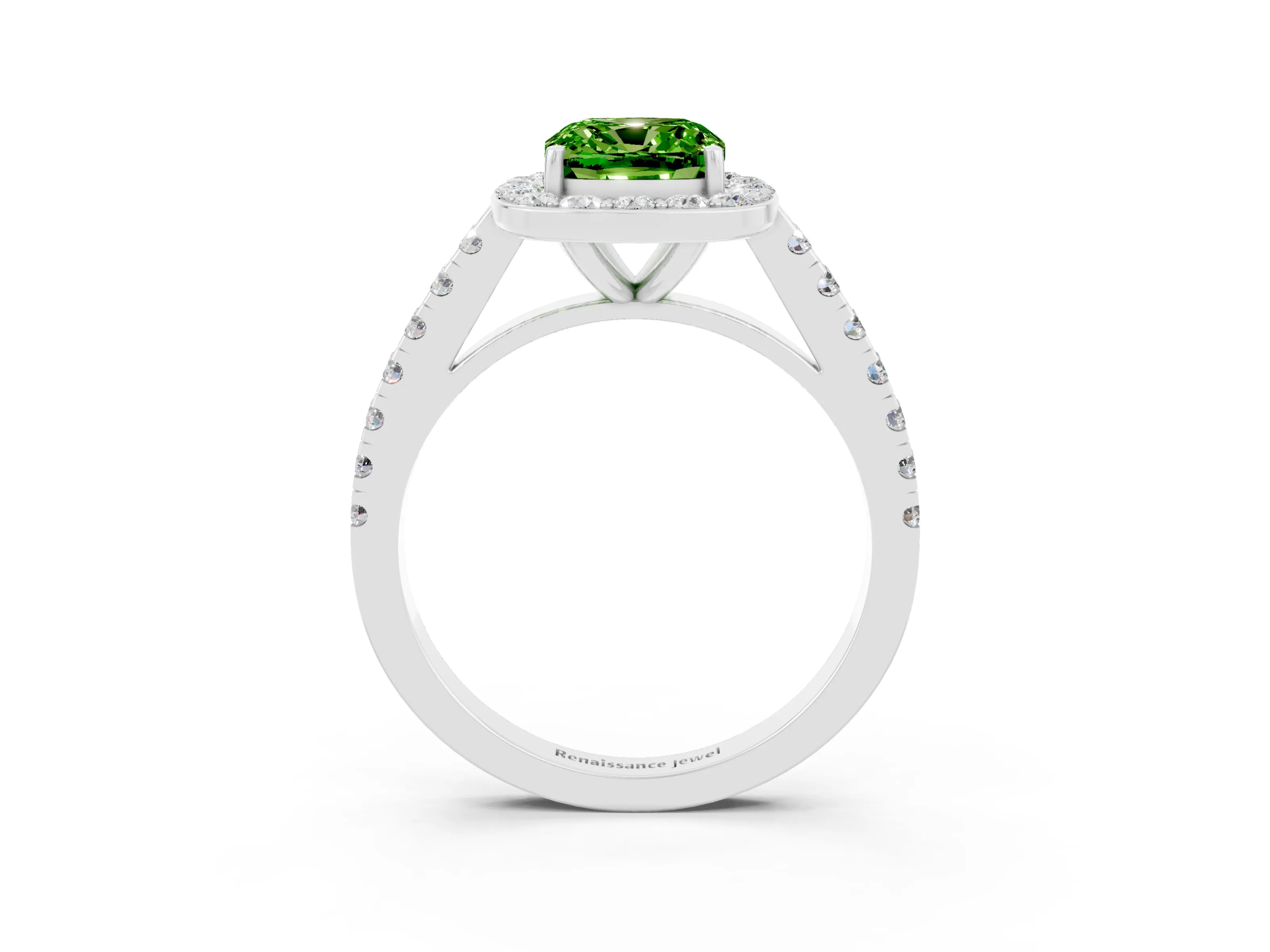 White gold Cushion Cut Halo Diamond Ring with Pavé Band and Three-Prong Setting_3