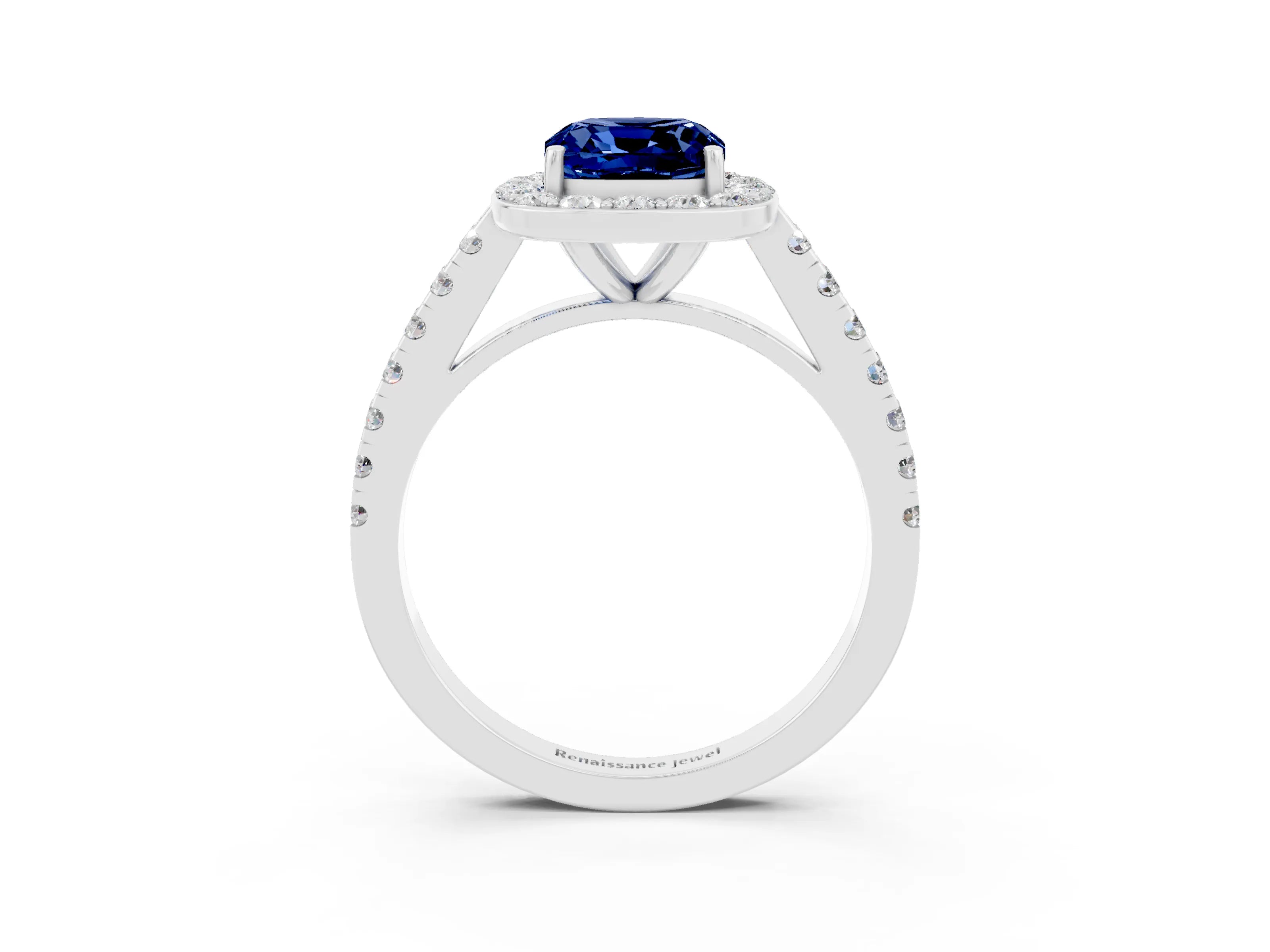 White gold Cushion Cut Halo Diamond Ring with Pavé Band and Three-Prong Setting_3