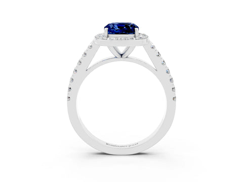 White gold Cushion Cut Halo Diamond Ring with Pavé Band and Three-Prong Setting_3