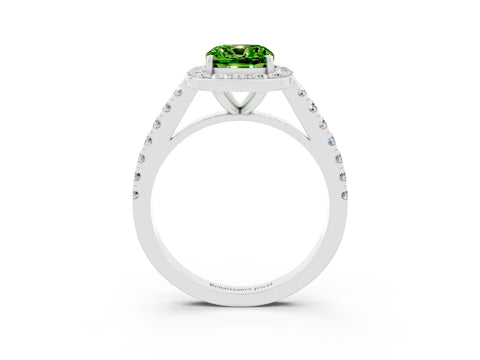White gold Cushion Cut Halo Diamond Ring with Pavé Band and Three-Prong Setting_3