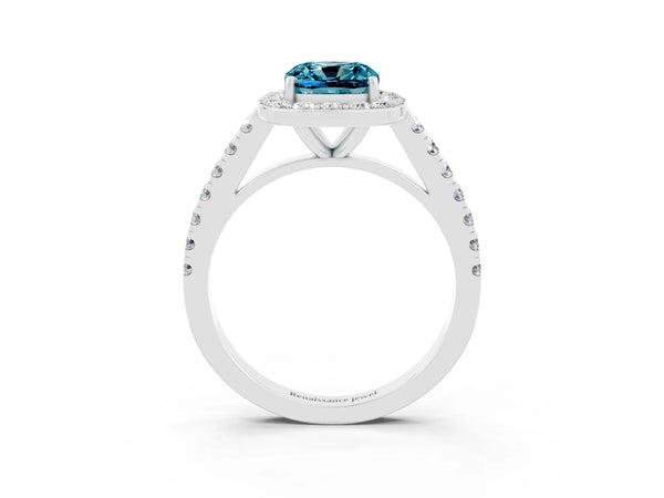 Silver Cushion Cut Halo Diamond Ring with Pavé Band and Three-Prong Setting