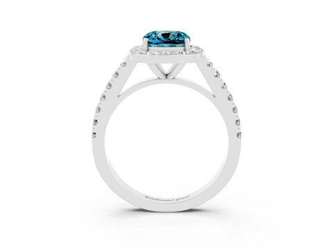 White gold Cushion Cut Halo Diamond Ring with Pavé Band and Three-Prong Setting_3