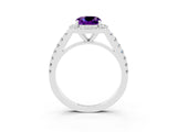 White gold Cushion Cut Halo Diamond Ring with Pavé Band and Three-Prong Setting_3