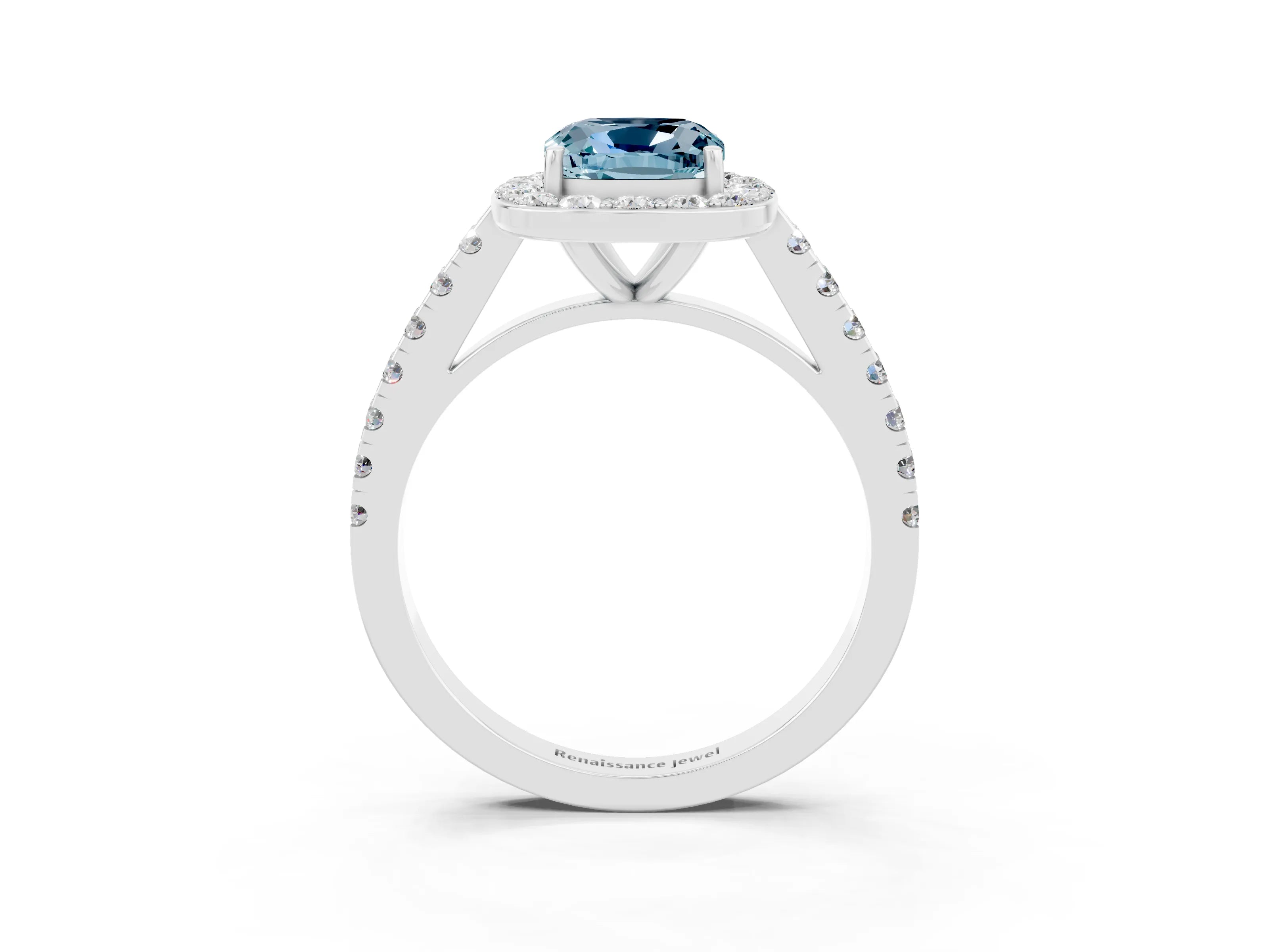 White gold Cushion Cut Halo Diamond Ring with Pavé Band and Three-Prong Setting_3