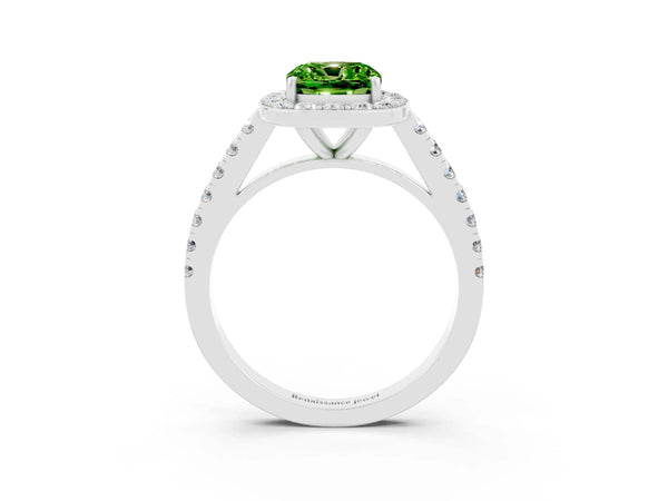 Silver Cushion Cut Halo Diamond Ring with Pavé Band and Three-Prong Setting