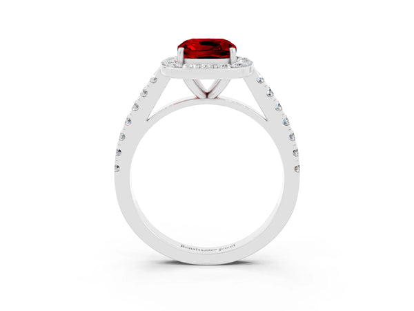Platinum Cushion Cut Ruby Halo Ring with Round Pavé Split Shank and Prong Setting