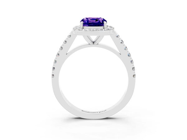 Silver Cushion Cut Tanzanite Halo Ring with Round Pavé Split Shank and Prong Setting