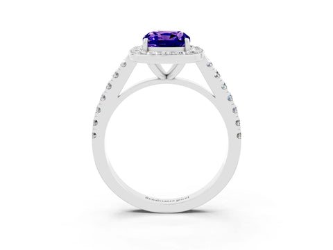 White gold Cushion Cut Halo Diamond Ring with Pavé Band and Three-Prong Setting_3