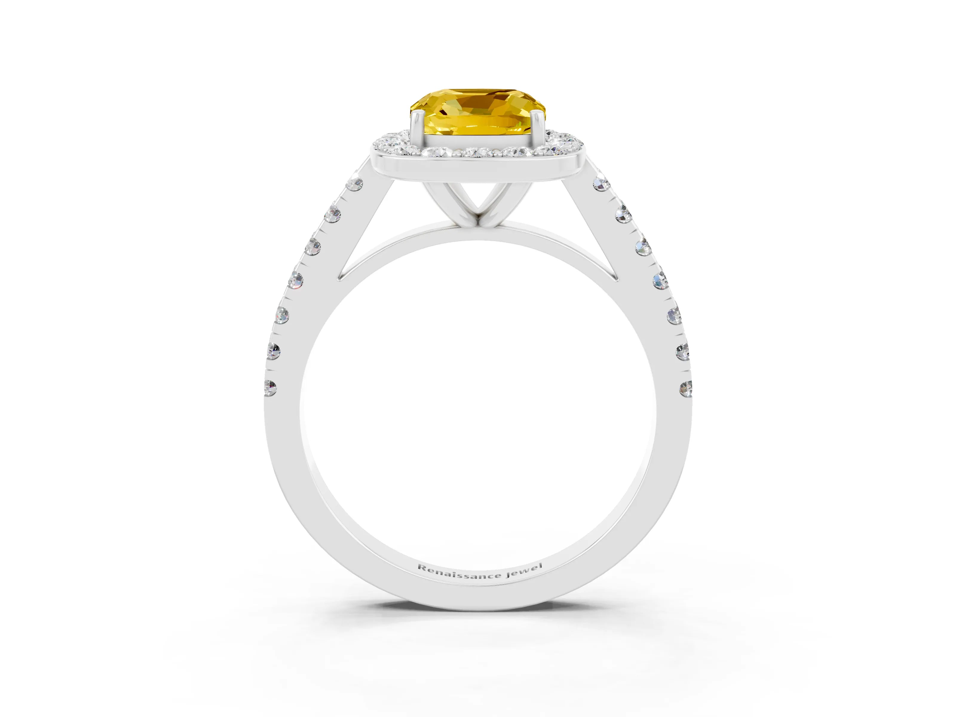 White gold Cushion Cut Halo Diamond Ring with Pavé Band and Three-Prong Setting_3
