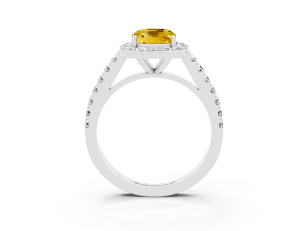 White gold Cushion Cut Yellow Sapphire Halo Ring with Round Pavé Split Shank and Prong Setting