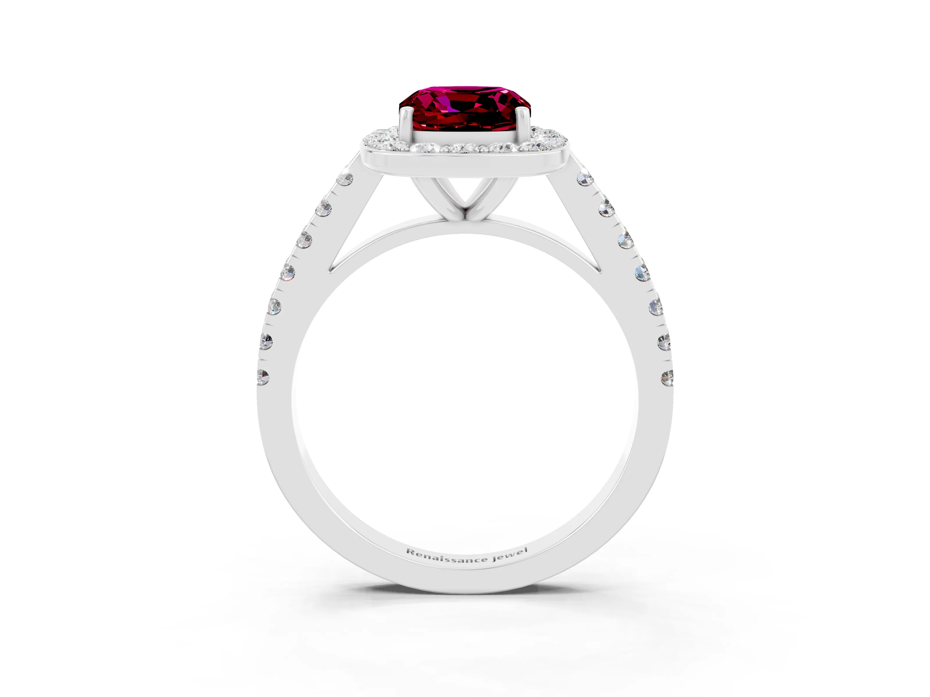 White gold Cushion Cut Halo Diamond Ring with Pavé Band and Three-Prong Setting_3