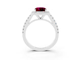 White gold Cushion Cut Halo Diamond Ring with Pavé Band and Three-Prong Setting_3