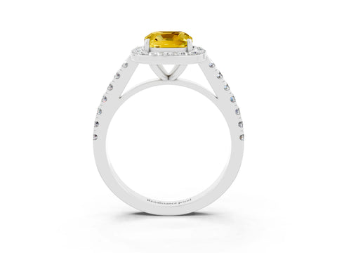 White gold Cushion Cut Halo Diamond Ring with Pavé Band and Three-Prong Setting_3