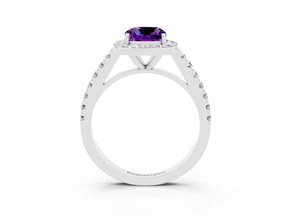 Silver Cushion Cut Amethyst Halo Ring with Round Pavé Split Shank and Prong Setting