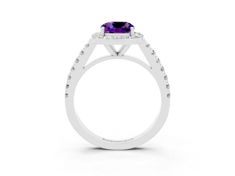 White gold Cushion Cut Halo Diamond Ring with Pavé Band and Three-Prong Setting_3