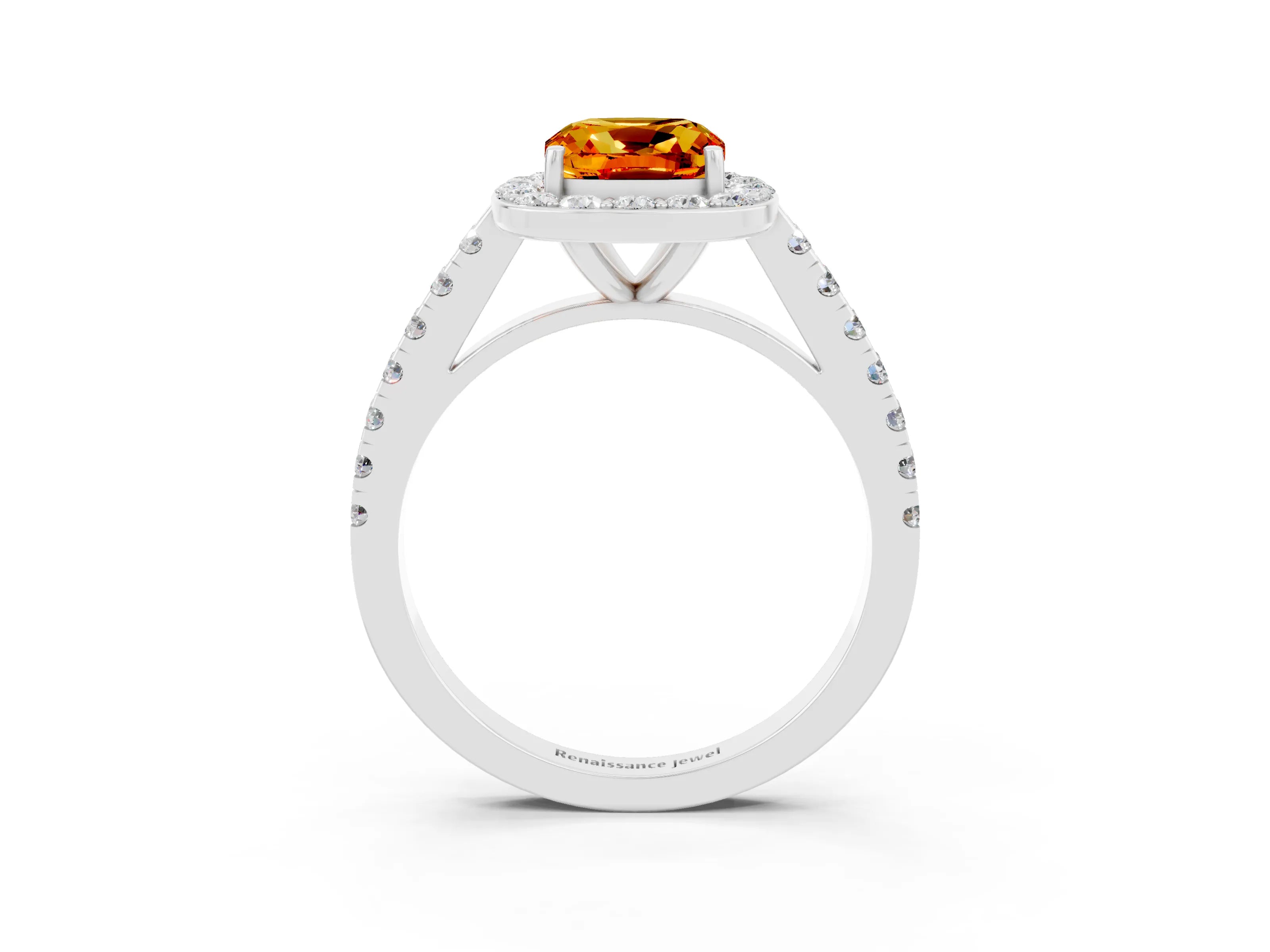 White gold Cushion Cut Halo Diamond Ring with Pavé Band and Three-Prong Setting_3