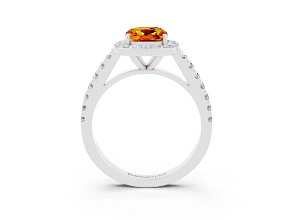 White gold Cushion Cut Citrine Halo Ring with Round Pavé Split Shank and Prong Setting