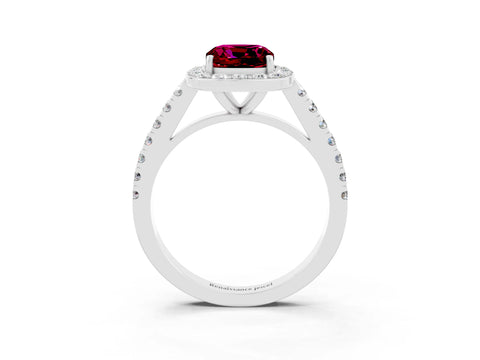 White gold Cushion Cut Halo Diamond Ring with Pavé Band and Three-Prong Setting_3