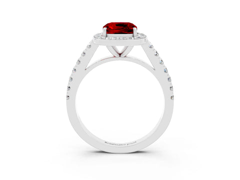 White gold Cushion Cut Halo Diamond Ring with Pavé Band and Three-Prong Setting_3