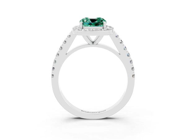 White gold Cushion Cut Green Sapphire Halo Ring with Round Pavé Split Shank and Prong Setting