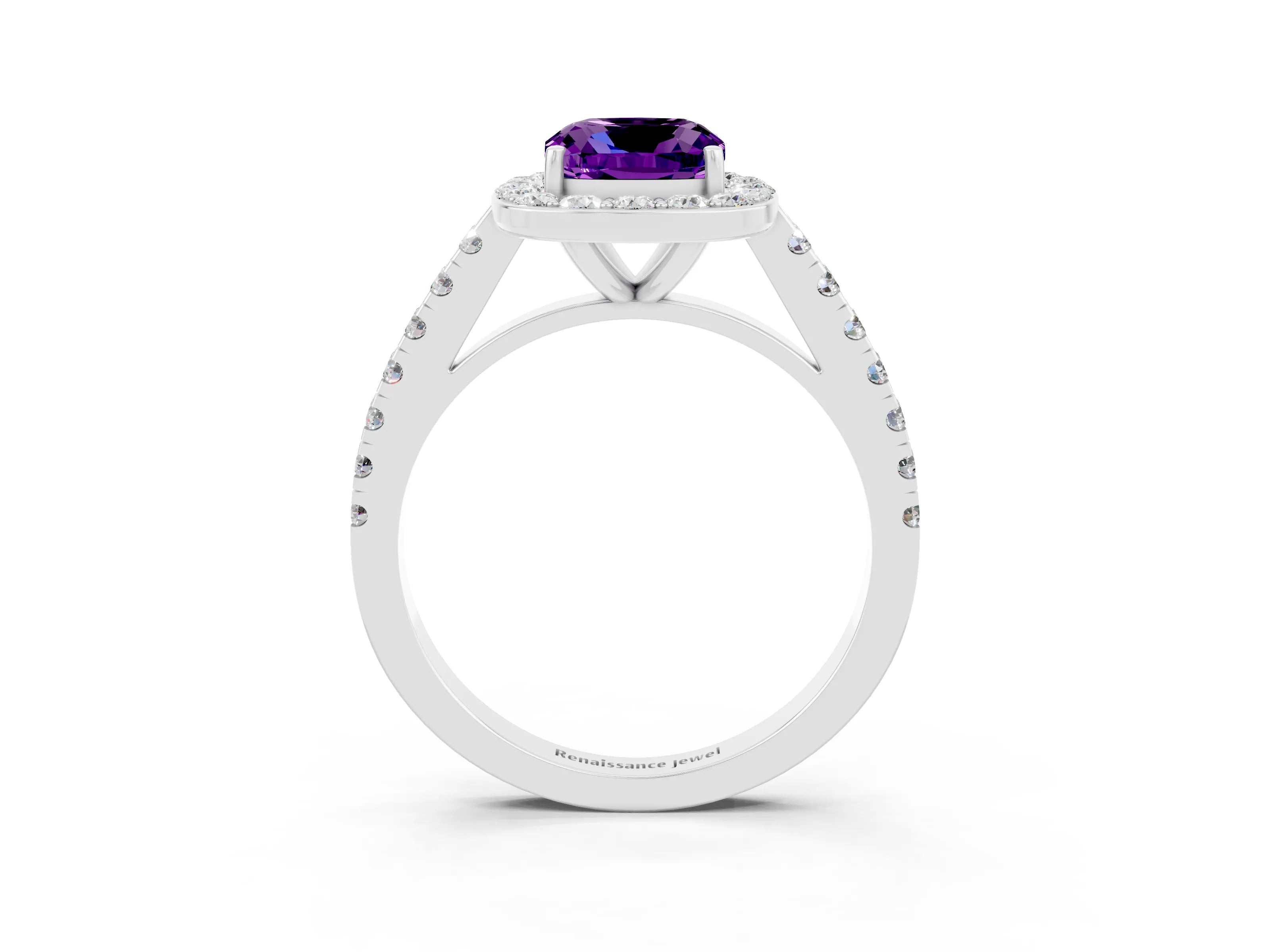 White gold Cushion Cut Halo Diamond Ring with Pavé Band and Three-Prong Setting_3
