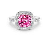 White gold Cushion Cut Halo Diamond Ring with Pavé Band and Three-Prong Setting