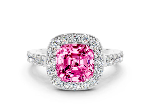 White gold Cushion Cut Halo Diamond Ring with Pavé Band and Three-Prong Setting