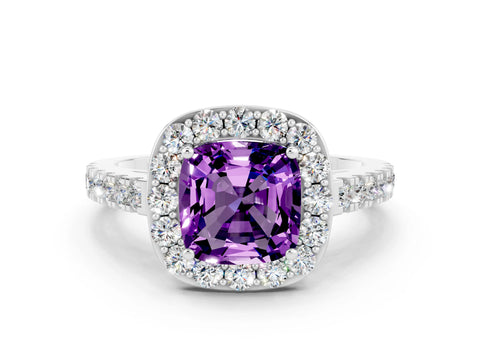 White gold Cushion Cut Halo Diamond Ring with Pavé Band and Three-Prong Setting