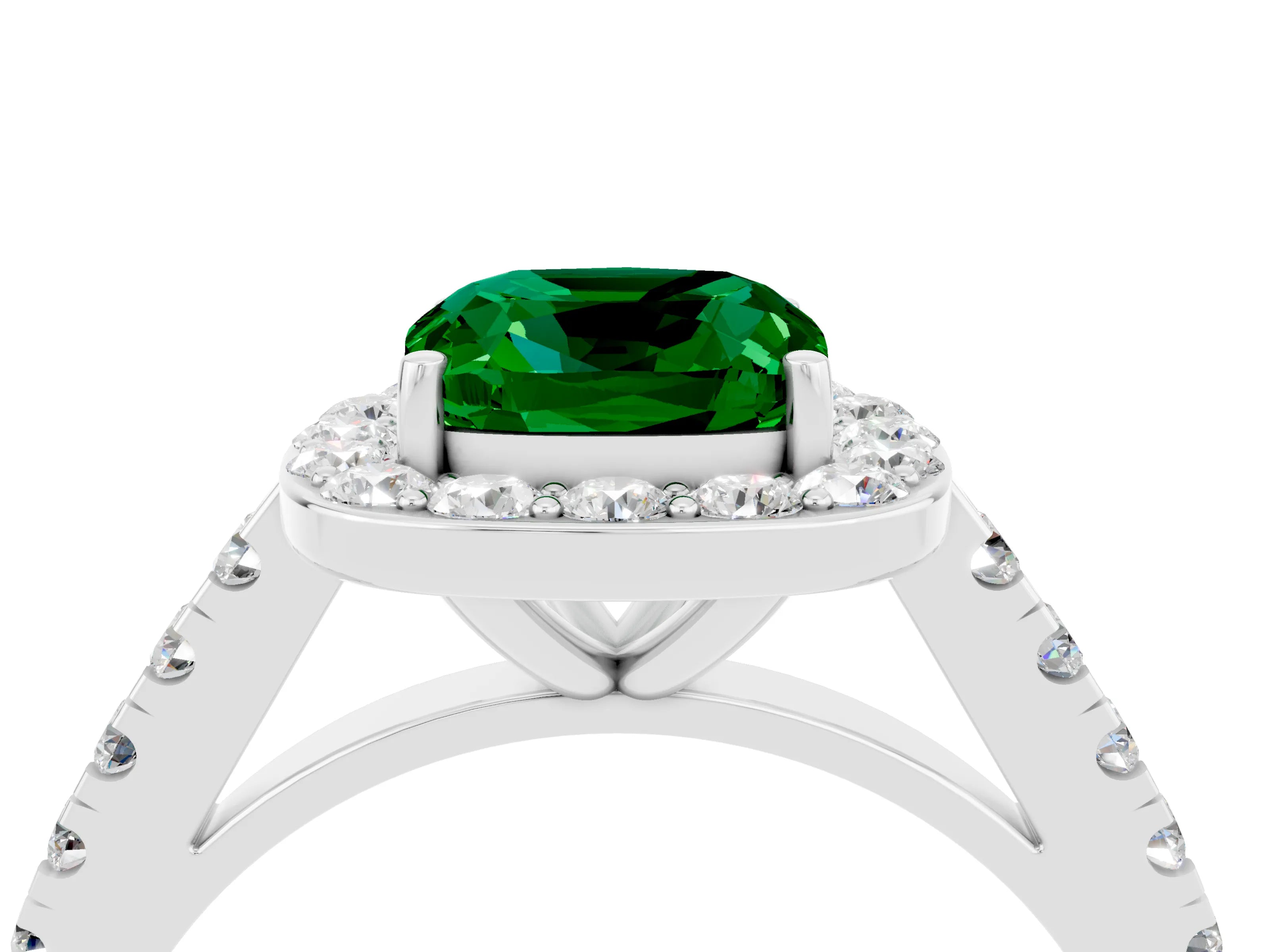 White gold Cushion Cut Halo Diamond Ring with Pavé Band and Three-Prong Setting_4