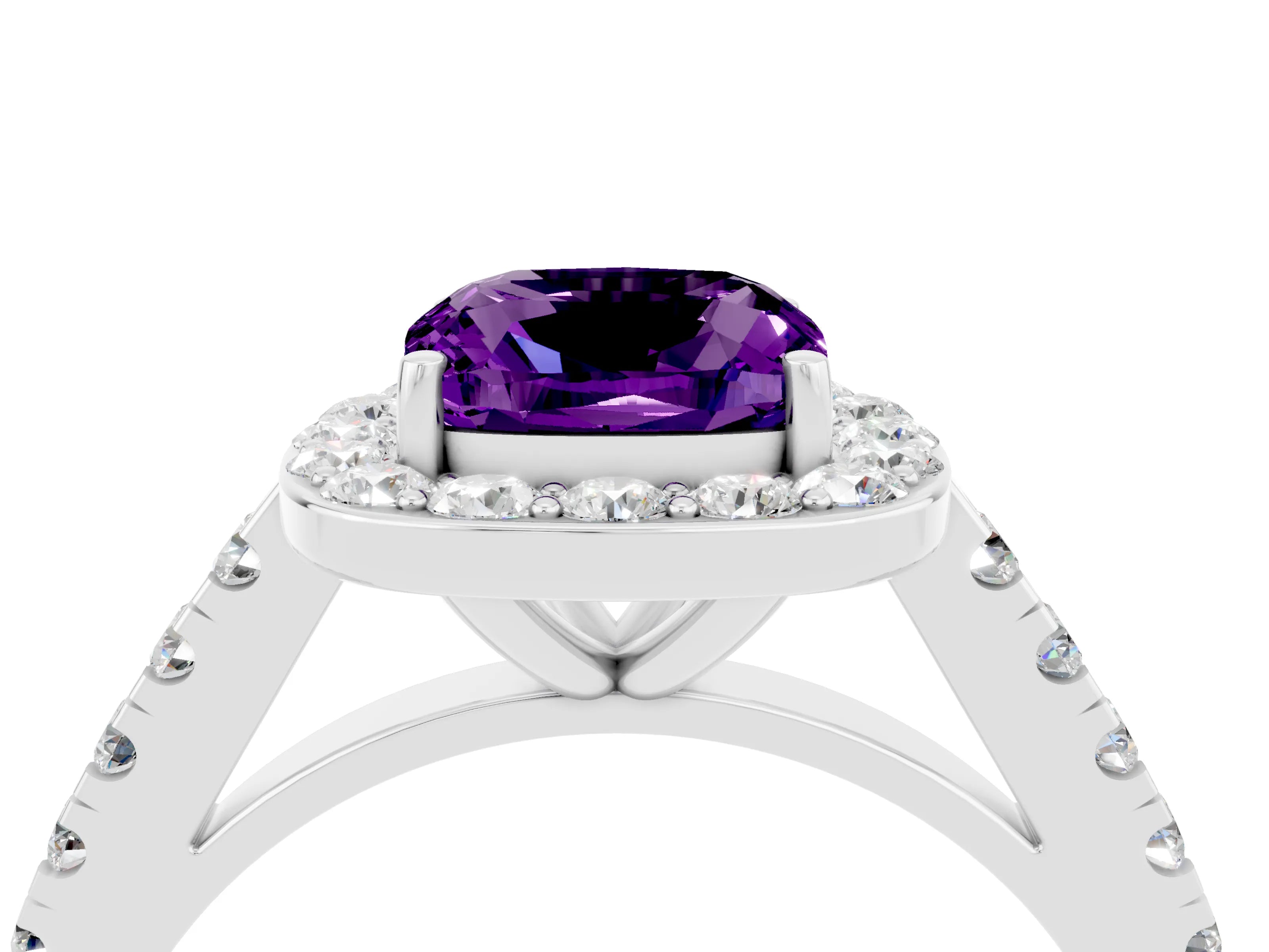 White gold Cushion Cut Halo Diamond Ring with Pavé Band and Three-Prong Setting_4