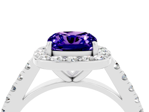 White gold Cushion Cut Halo Diamond Ring with Pavé Band and Three-Prong Setting_4