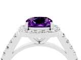 White gold Cushion Cut Halo Diamond Ring with Pavé Band and Three-Prong Setting_4