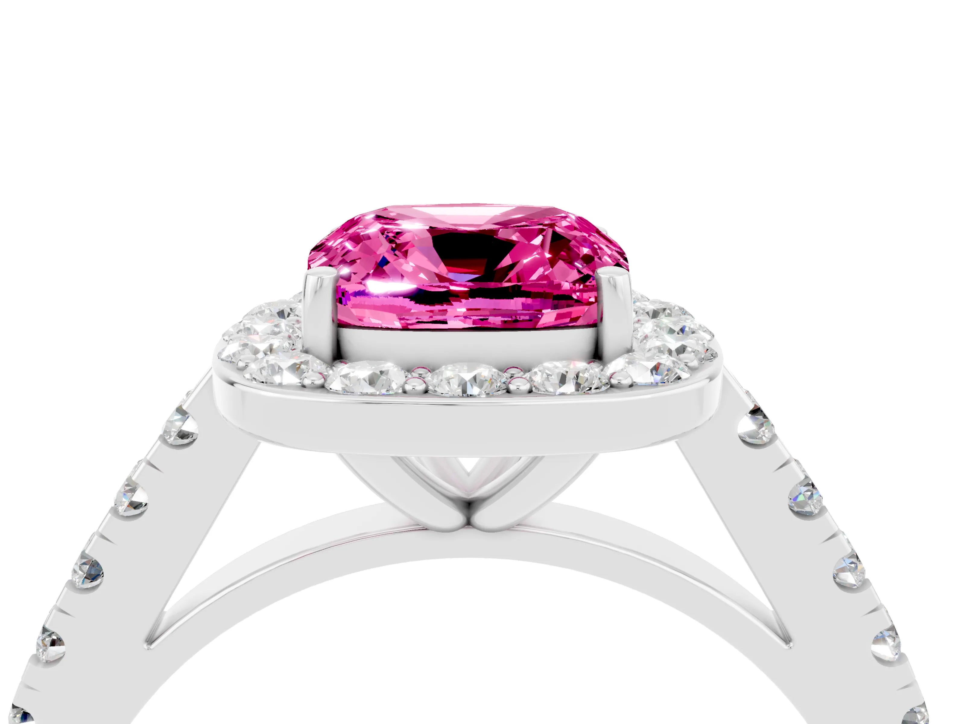 White gold Cushion Cut Halo Diamond Ring with Pavé Band and Three-Prong Setting_4