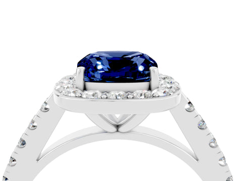 White gold Cushion Cut Halo Diamond Ring with Pavé Band and Three-Prong Setting_4