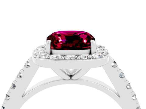 White gold Cushion Cut Halo Diamond Ring with Pavé Band and Three-Prong Setting_4