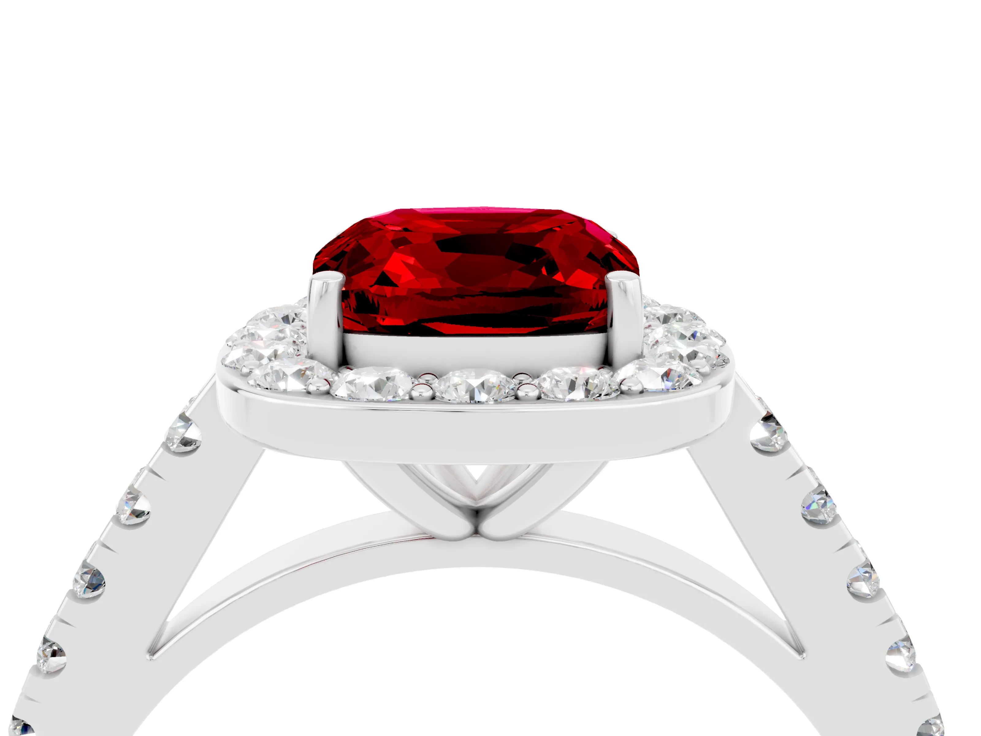 White gold Cushion Cut Halo Diamond Ring with Pavé Band and Three-Prong Setting_4