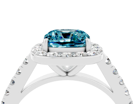 White gold Cushion Cut Halo Diamond Ring with Pavé Band and Three-Prong Setting_4