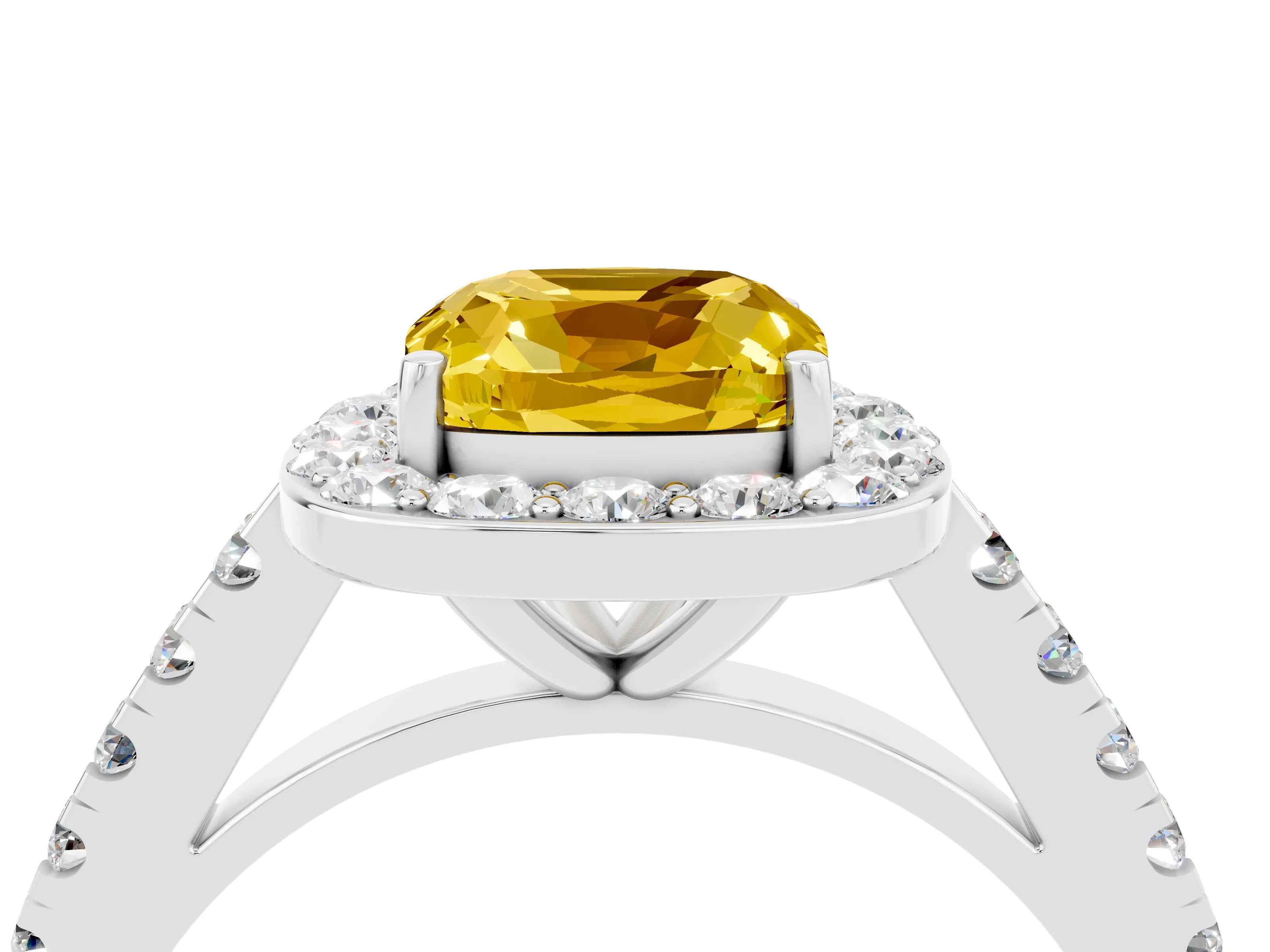 White gold Cushion Cut Halo Diamond Ring with Pavé Band and Three-Prong Setting_4