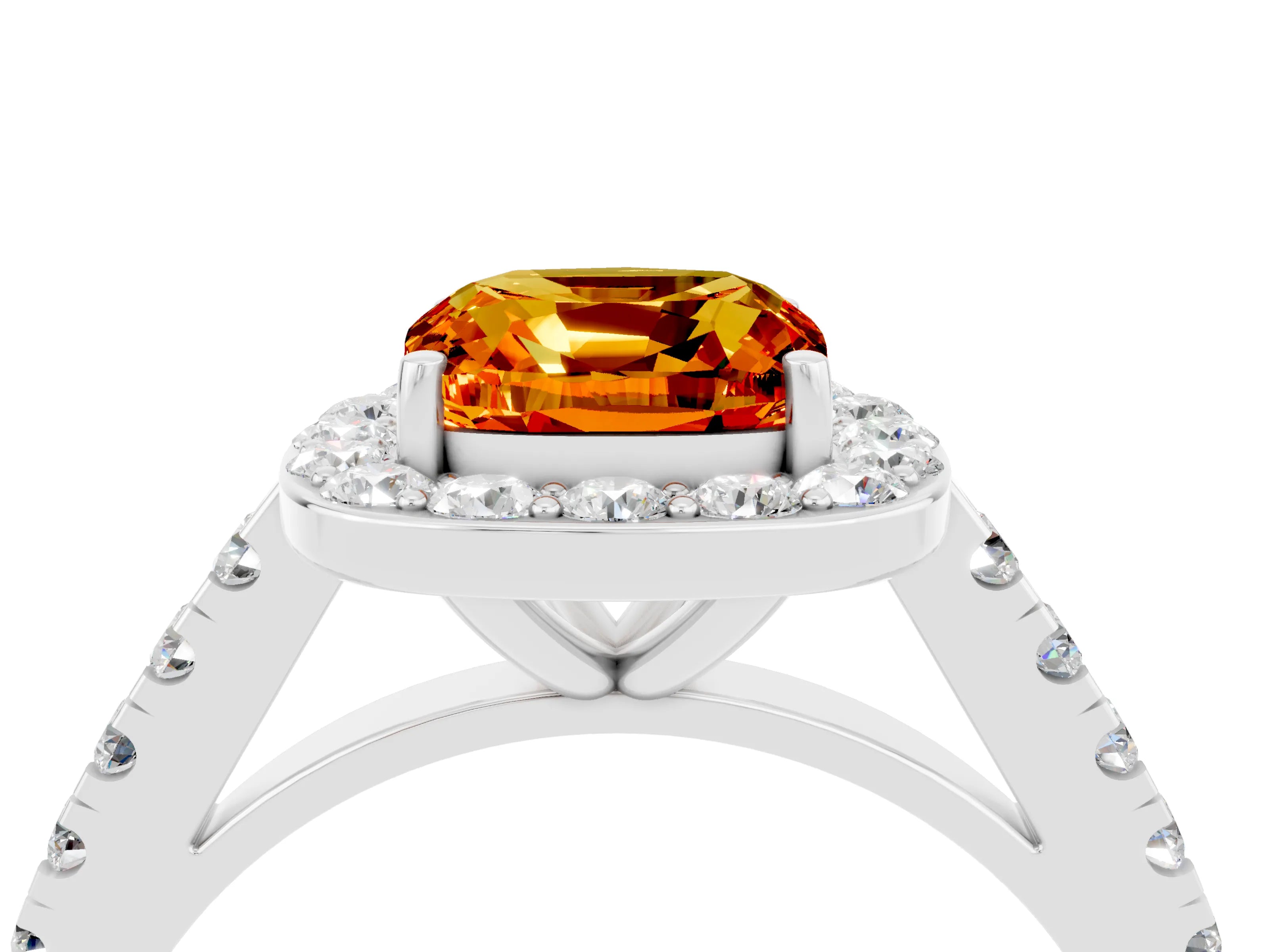 White gold Cushion Cut Halo Diamond Ring with Pavé Band and Three-Prong Setting_4